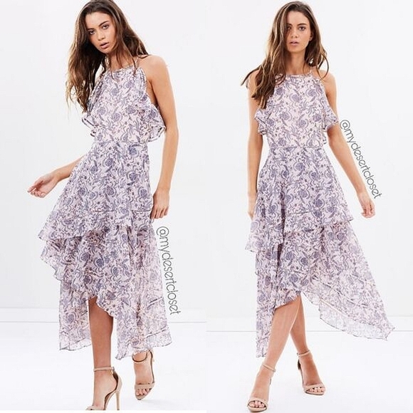 Keepsake Lovers Holiday Floral Ruffled Open Back Lace Trim Asymmetrical Dress - Picture 2 of 15